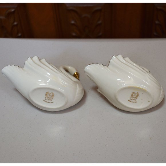 Vintage Set of (2) Lenox Gold Trim Swans Porcelain Trinket Candy Dish Figurine - Picture 6 of 12
